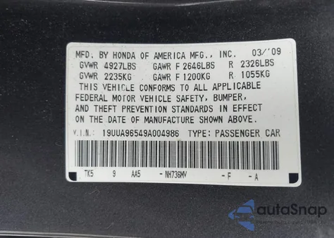 2009 Acura Tl 3.7 z USA, uszkodzony, nr VIN 19UUA96549A004986